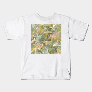 Desert Sage with Gold Silk Marble - Light Sage Green, Peach, and Off White Liquid Paint Pattern Kids T-Shirt